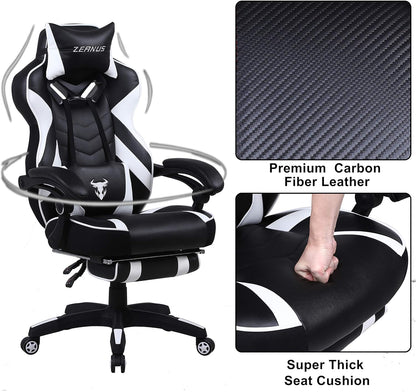 Ergonomic Gaming Chair with Footrest Recliner and Massage - High Back Office Gamer Chair for Adults - Big and Tall - White/Black