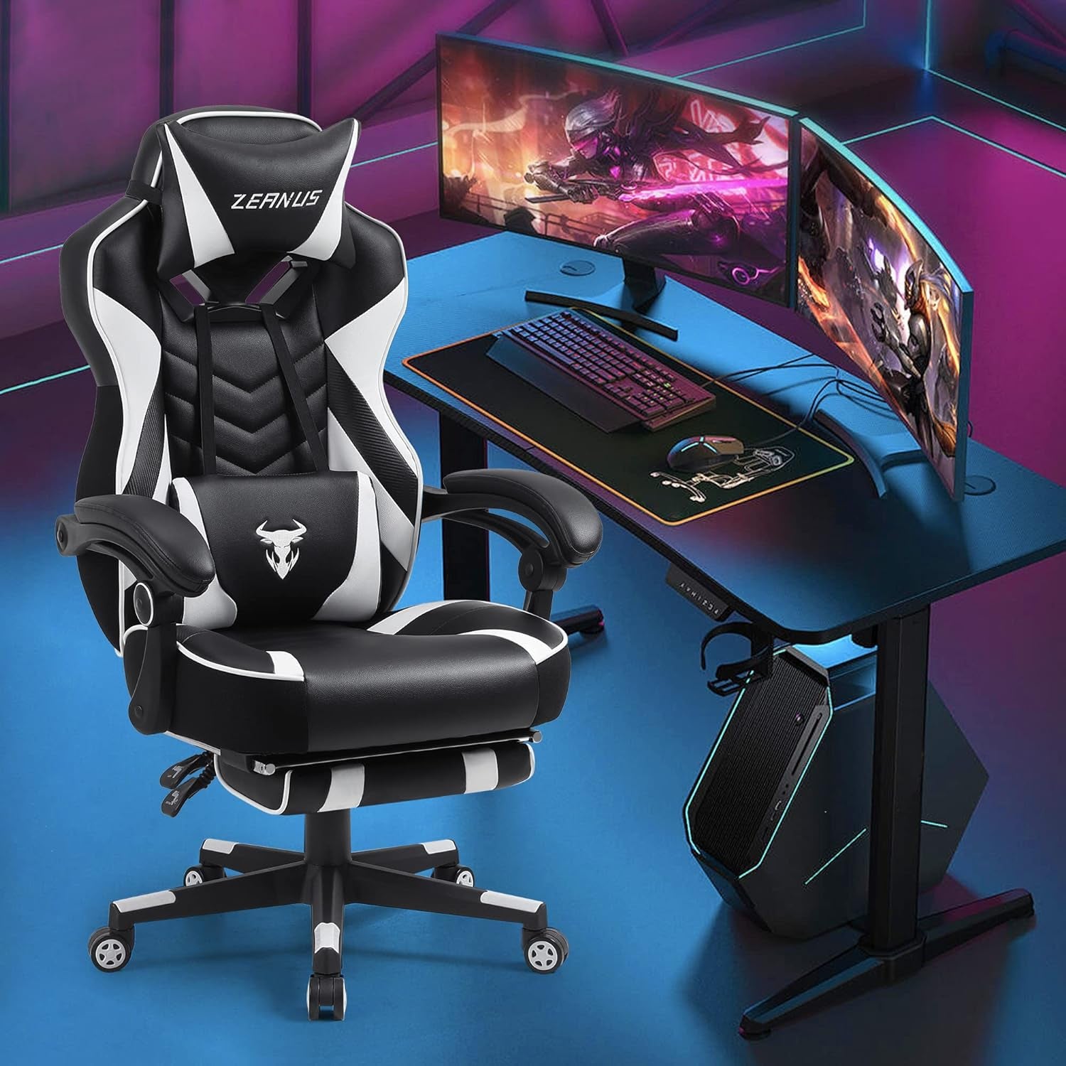 Ergonomic Gaming Chair with Footrest Recliner and Massage - High Back Office Gamer Chair for Adults - Big and Tall - White/Black