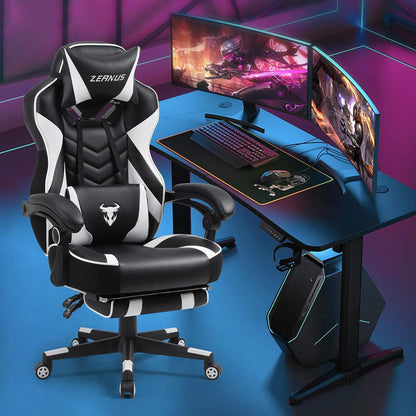 Ergonomic Gaming Chair with Footrest Recliner and Massage - High Back Office Gamer Chair for Adults - Big and Tall - White/Black