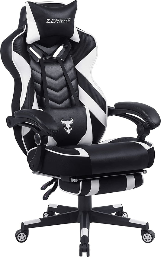 Ergonomic Gaming Chair with Footrest Recliner and Massage - High Back Office Gamer Chair for Adults - Big and Tall - White/Black