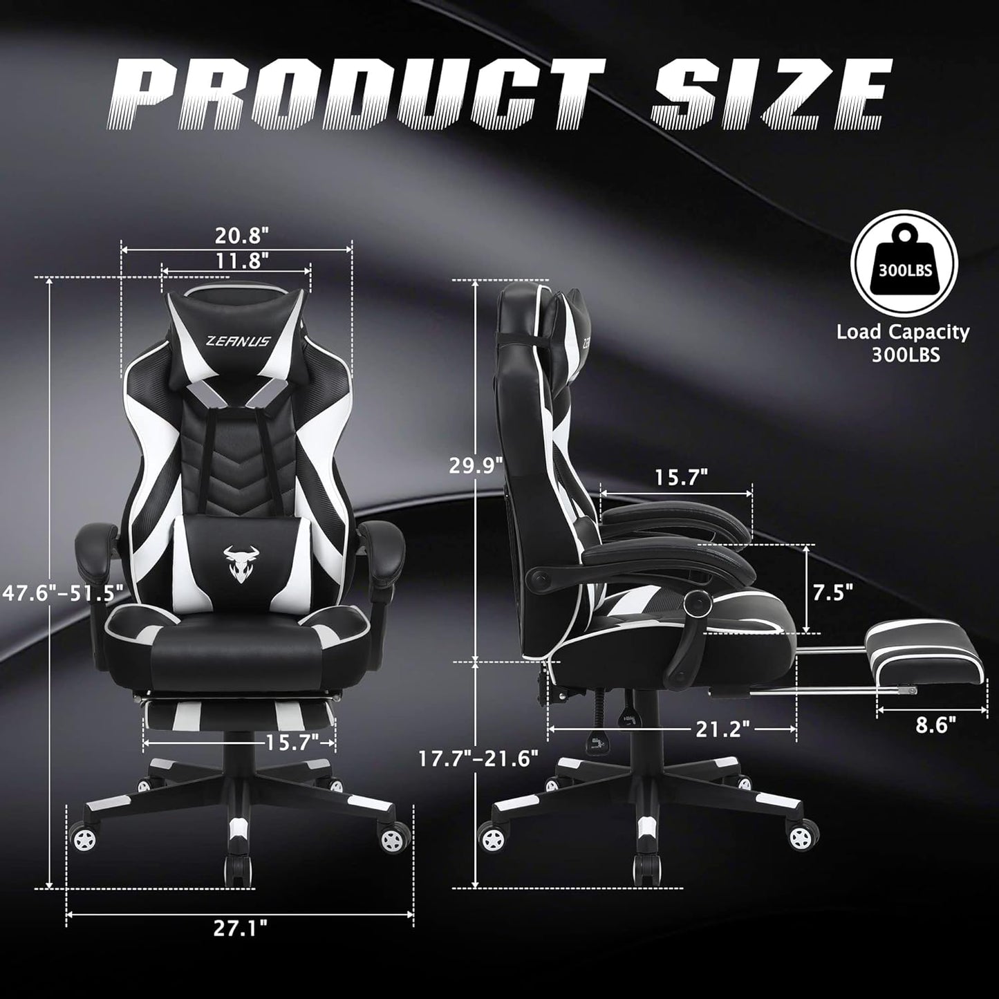 Ergonomic Gaming Chair with Footrest Recliner and Massage - High Back Office Gamer Chair for Adults - Big and Tall - White/Black