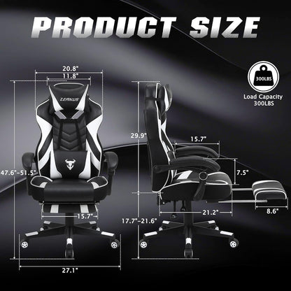 Ergonomic Gaming Chair with Footrest Recliner and Massage - High Back Office Gamer Chair for Adults - Big and Tall - White/Black